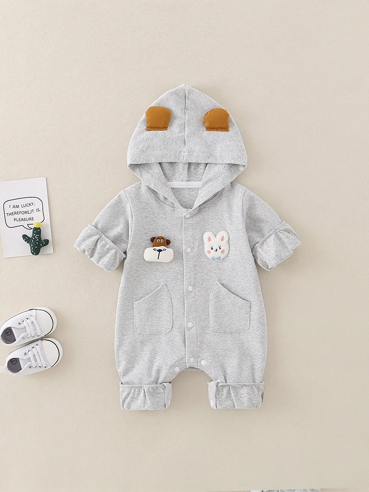 Primavera casual terno de uma peça para meninos do bebê com chapéu única camada de algodão confortável respirável roupas para bebês adere