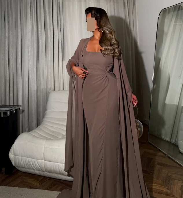 تخصيص عالية الجودة سستة طول الأرض بدون حمالات سويب تراين التجاعيد ألف خط المرأة براون رداء بلانش مارياج فستان سهرة