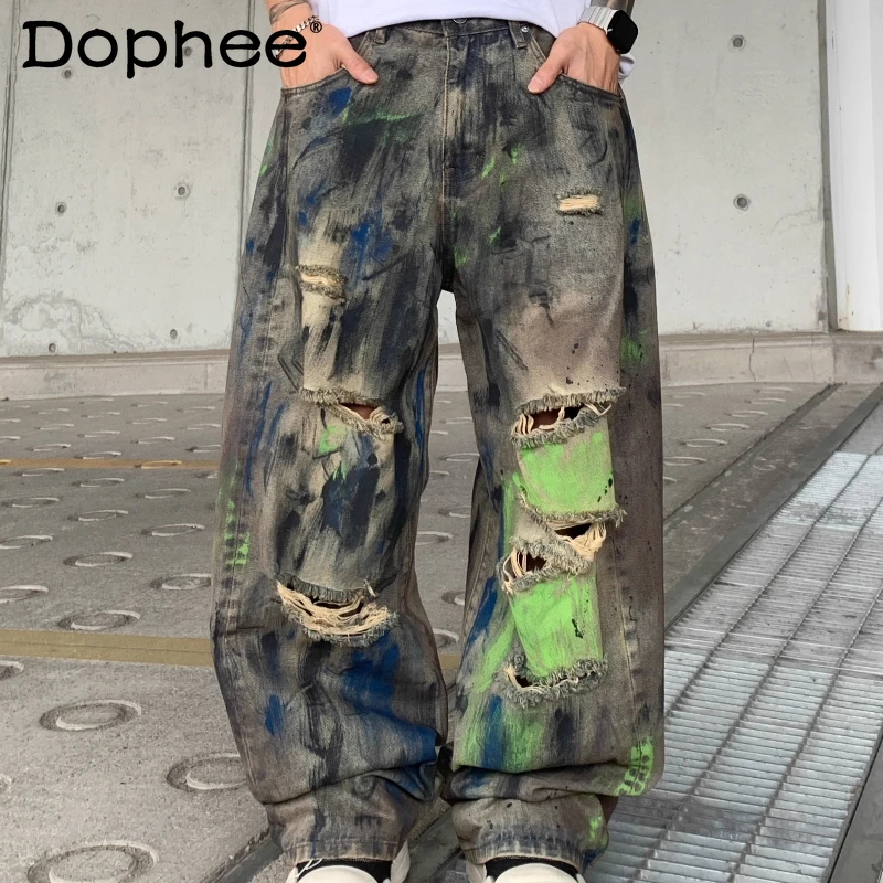 

Мужские летние модные джинсовые брюки 2025 года, свободные прямые индивидуальные джинсы в стиле ретро с отверстиями в стиле граффити, мужские красивые джинсовые брюки