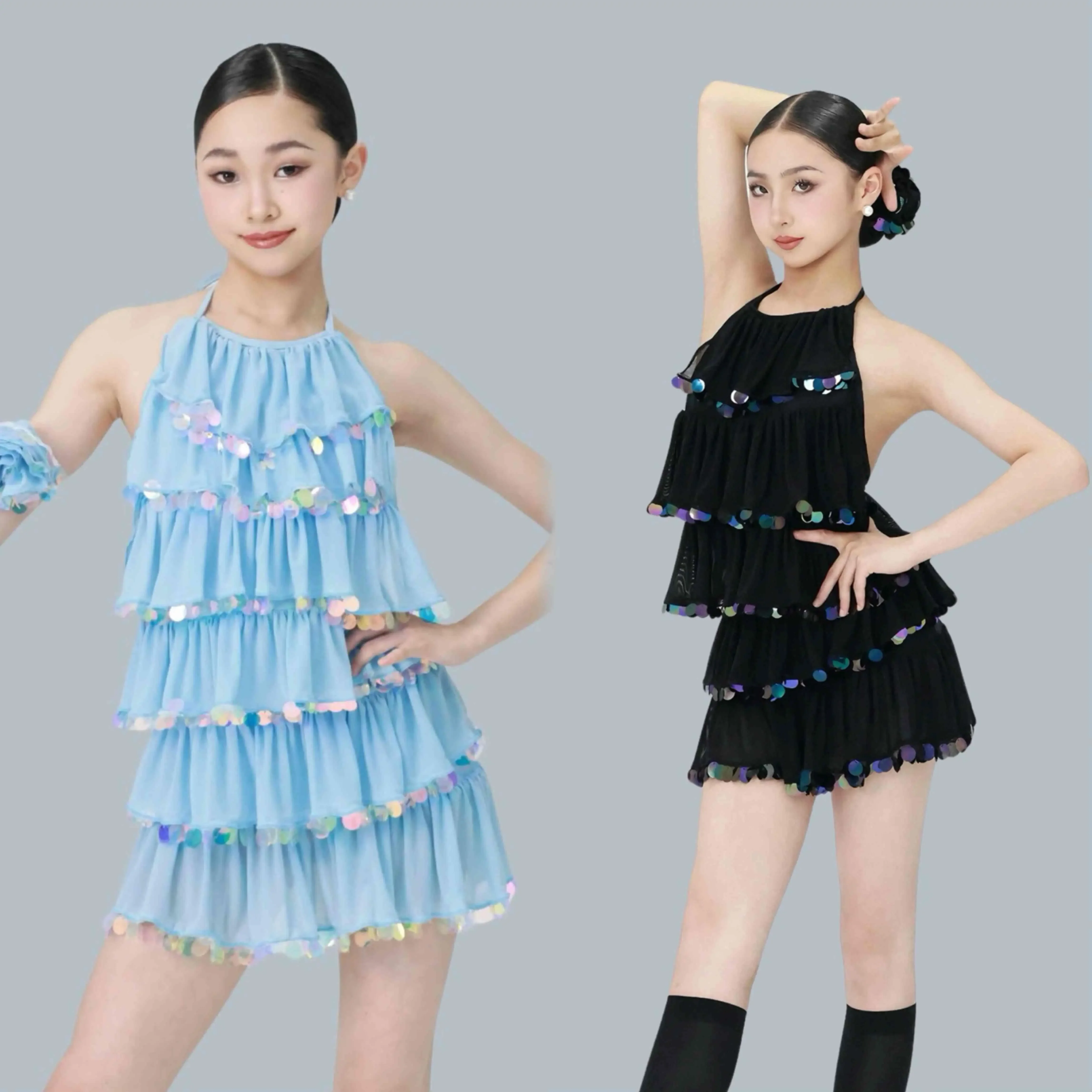Meninas vestido de dança latina desempenho traje lantejoulas plissado vestido azul preto competição crianças cha cha rumba vestido dnv24713