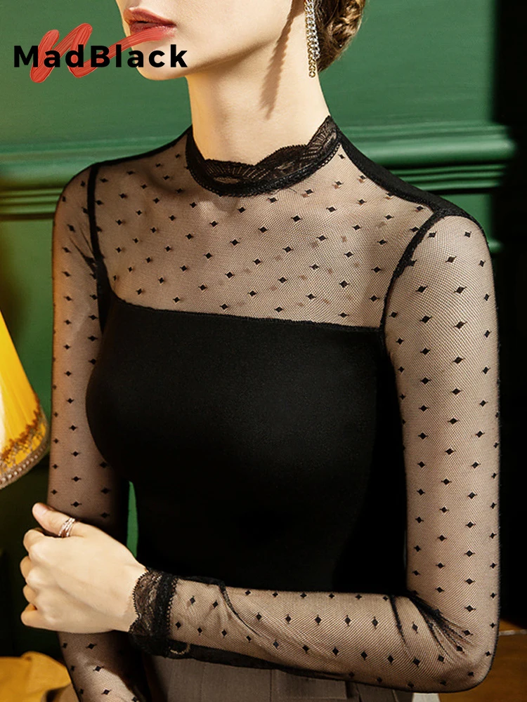 MadBlack – europäisches Damen-T-Shirt, sexy Stand-Spitzen-Patchwork, Streetwear, langärmelig, schmales S-3XL-T-Shirt, 2025, Winter, neu T5D441CC