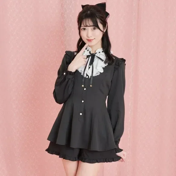 SC Lolita Dress Suit Japanese-Style Mine Slim-Fit Slimming Bow Lace Shirt Shorts Two-Piece Sets Women Rojita Culottes Outfits