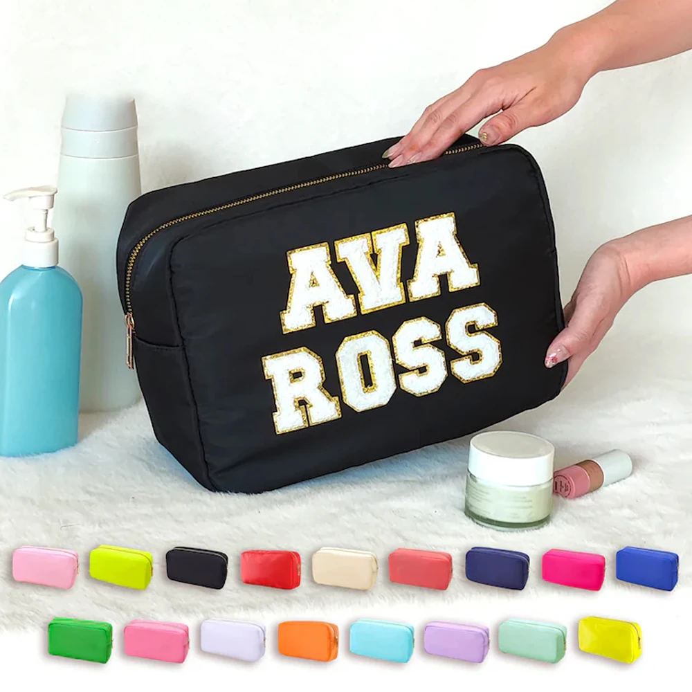 XL-Size Purple Cosmetic Bag Personalized Makeup Nylon Bag Custom Pouch Chenille Patch Large Travel Case Toiletry Bag Bride Gift