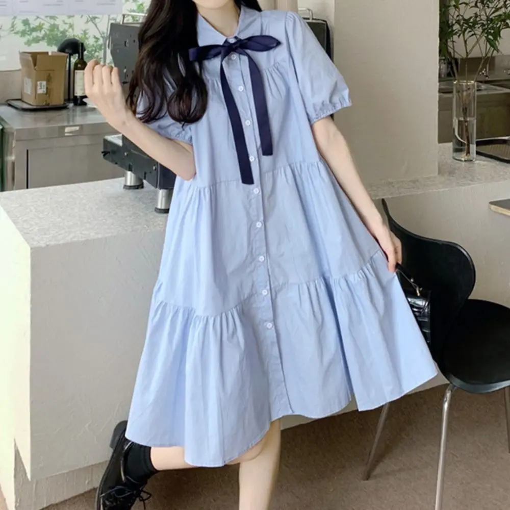 

Bowknot Girl Princess Dress Preppy Style Loose Teenagers Shirt Dress Puff Short Sleeve Sweet Children Bubble Dresses Party