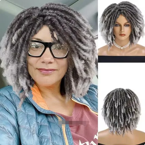 Synthetic Braided Wigs for Women Locs Crochet Twist Hair Short Afro Wig Ladies Dreadlock Wig Ombre Grey Daily Curly