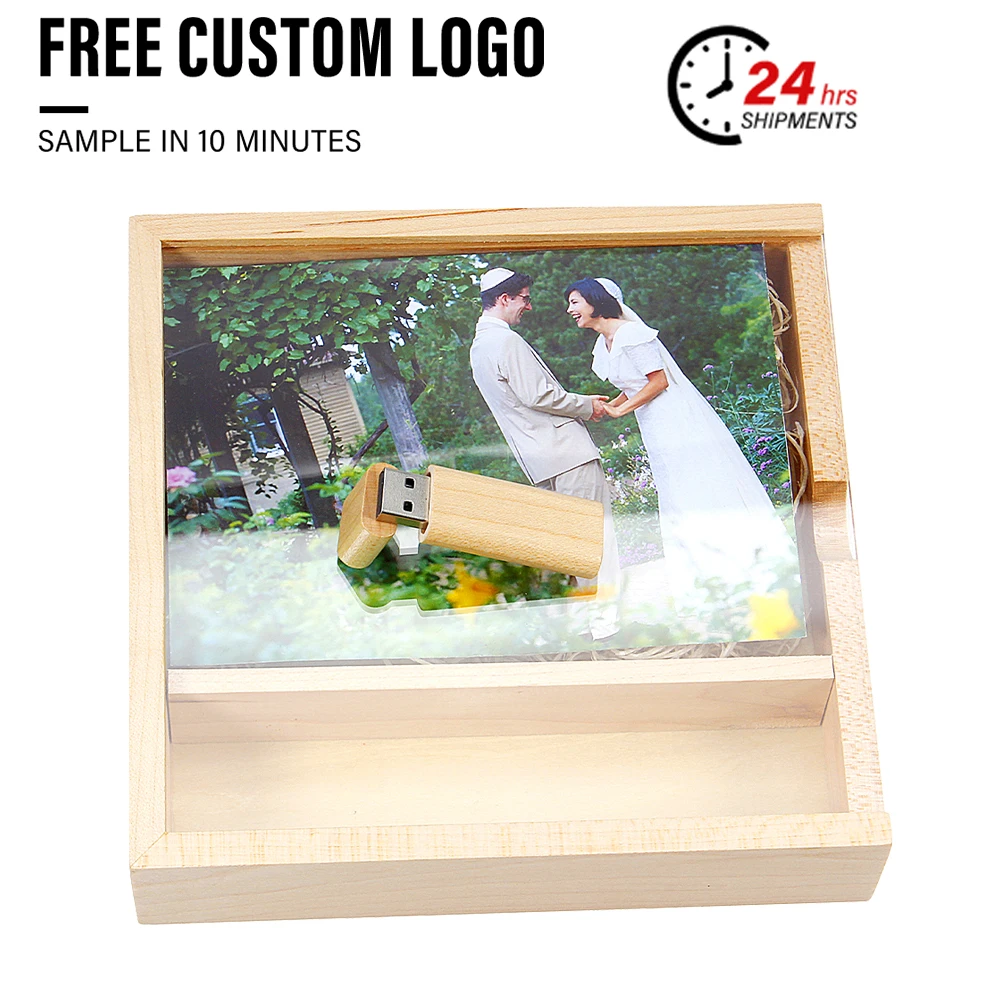 Free Custom Logo USB Flash Drive 128GB Transparent Photo Album Box Memory Stick 64GB Wedding Gift Pen Drive 32GB Wooden U Disk