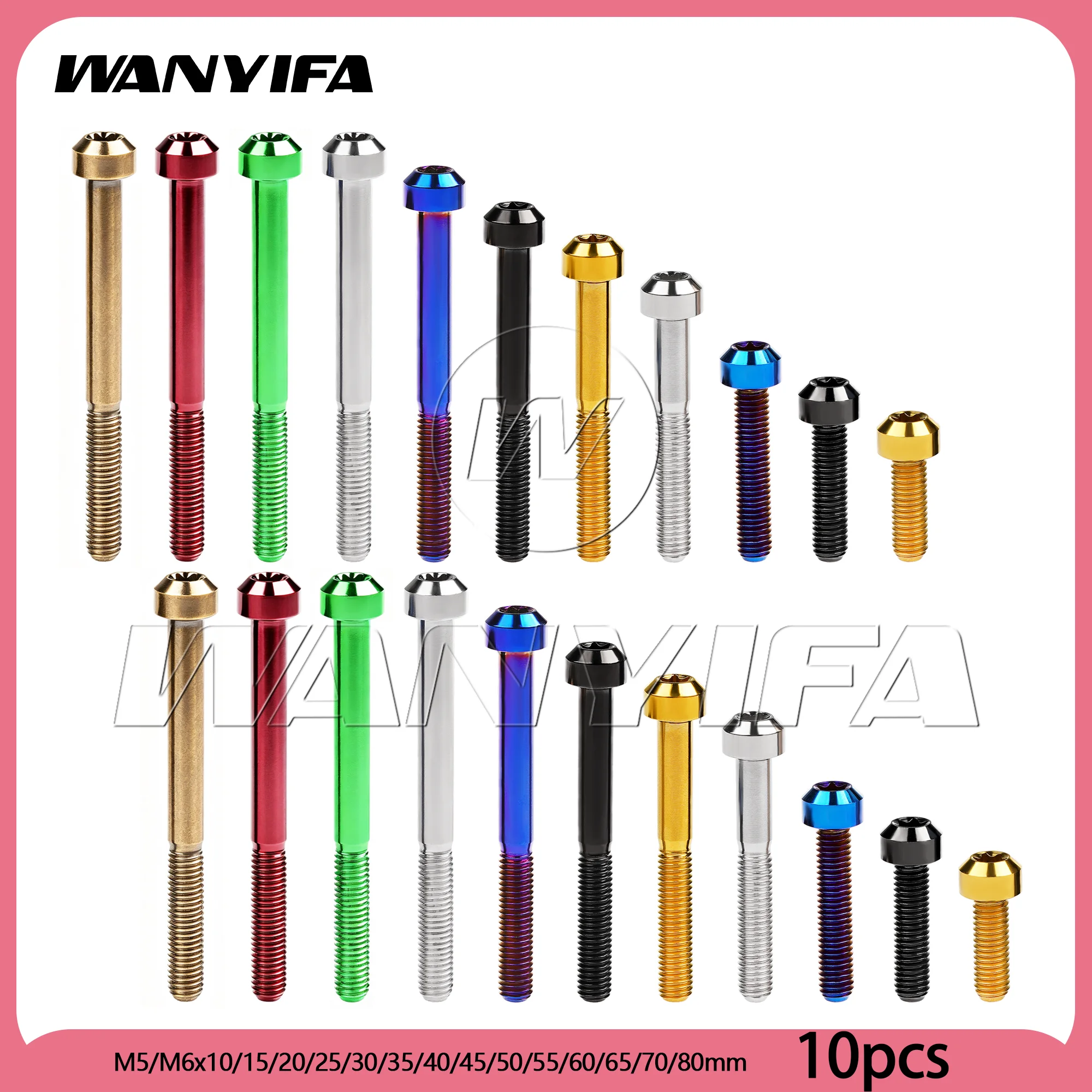 Wanyifa 10pcs Titanium Bolts  M5/M6x10/15/20/25/30/35/40/45/50/55/60/65/70/80mm Chamfered Torx Head Screw for Bicycle Motorcycle