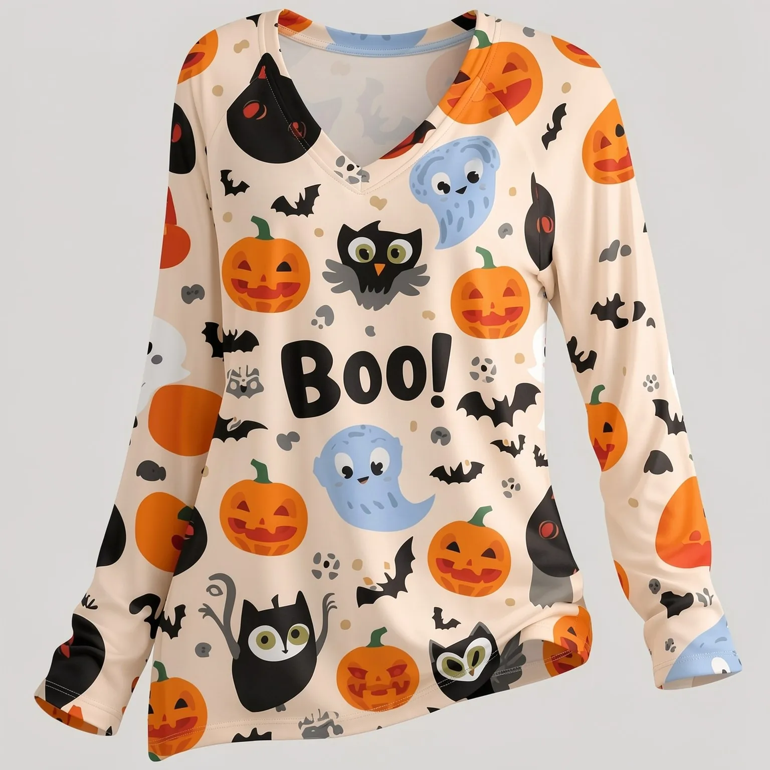 Autumn Halloween Pumpkin Head Fun and Funny Printed Women's V-neck Long Sleeve T-shirt Women's Casual Top Street Style