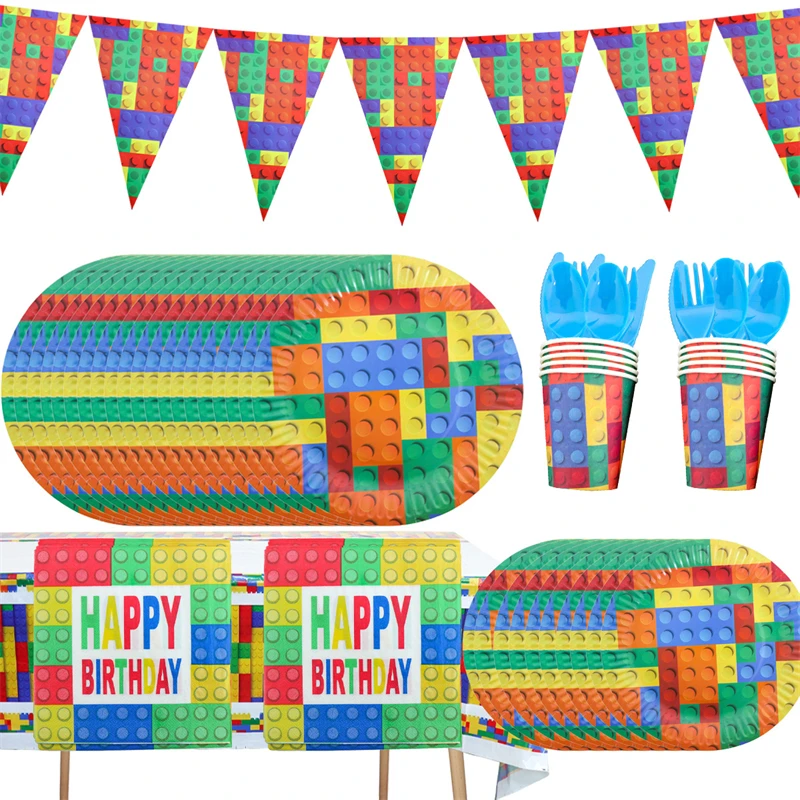 New Building Block Birthday Balloons Colorful Building Block Paper Plates Napkins Cups Party Decoration Kit Supplies Baby Shower