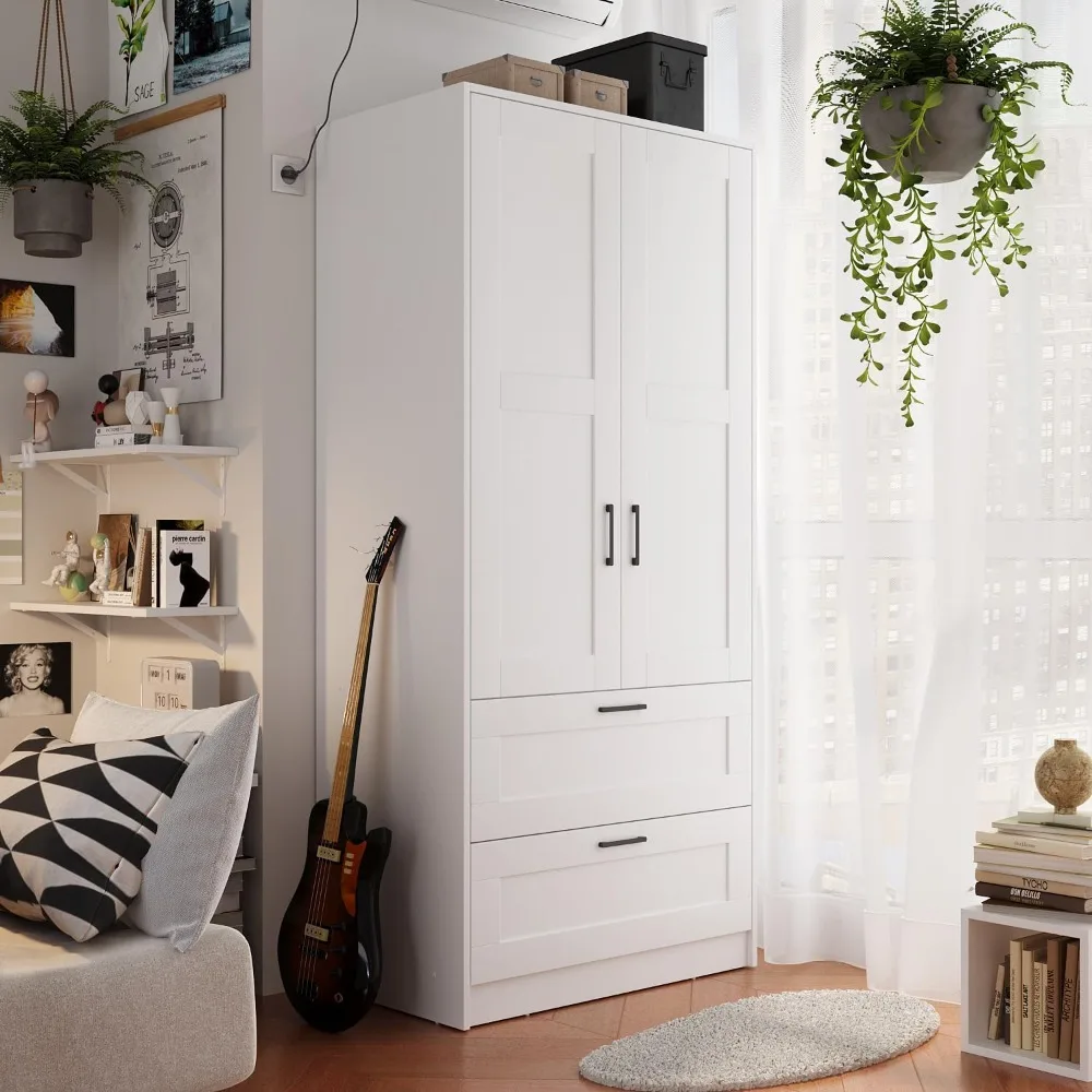 Wood White Wardrobe Closet with 2 Doors and Drawers，Bedroom Freestanding Armoire Storage Cabinet with Shelves，Wooden Wardrobe