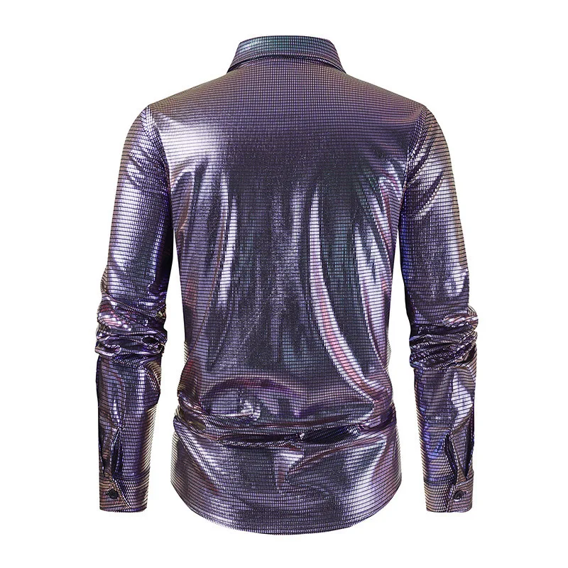 

Фиолетовый, синий цвет, новейшая мужская рубашка на весну и осень, модная блестящая уличная мужская рубашка с лацканами и длинными рукавами