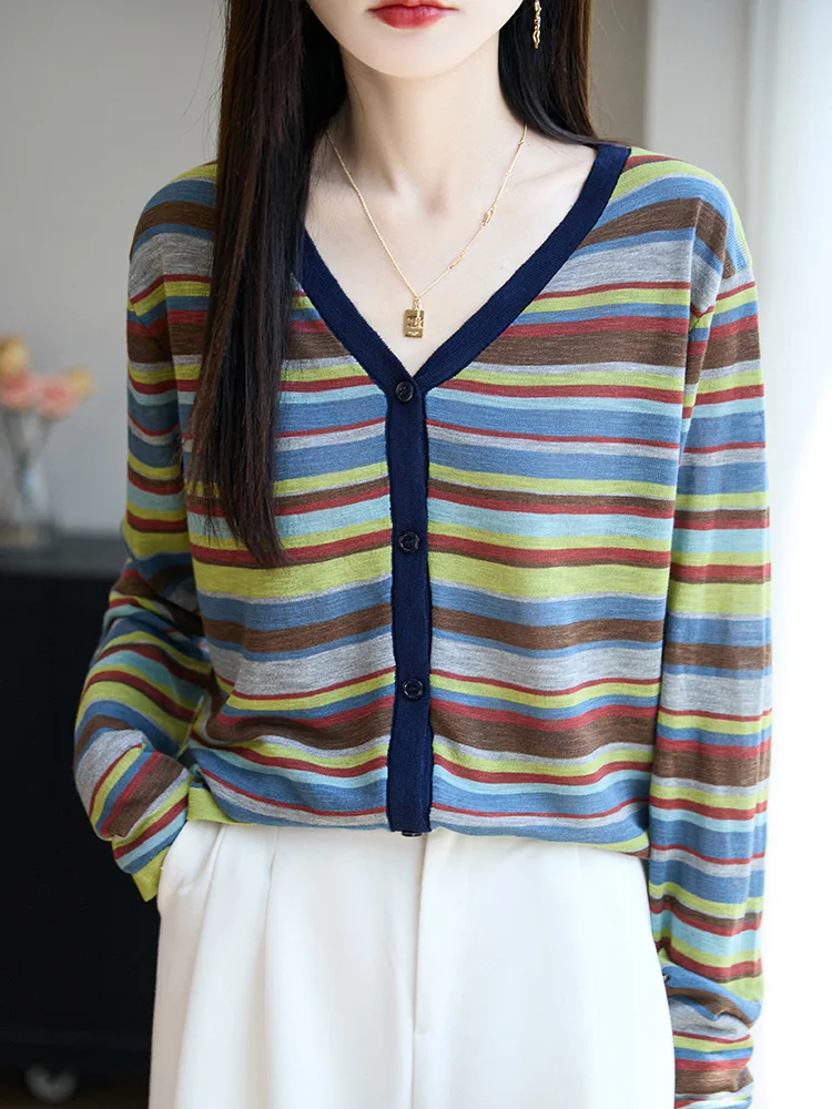 

Потрясающий цветной вязаный свитер в полоску из ледяного шелка, женский пуловер V Ne, искусственный открытый кардиган, верхняя одежда ранней осени