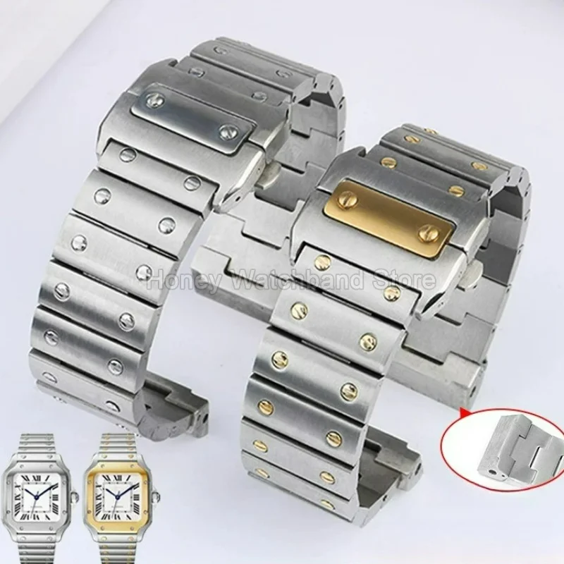 Solid Stainless Steel Watch Bracelet with Rivet Links for Cartier Santos 100 WSSA0009 Scratch Resistant Surface Sweatproof 23mm