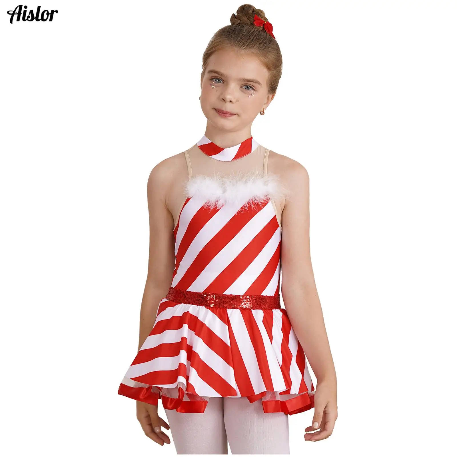 

Kids Girls Christmas Dress Candy Cane Costume Stripes Print Mock Neck Sleeveless Keyhole Back Mesh Patchwork Fancy Party Dress