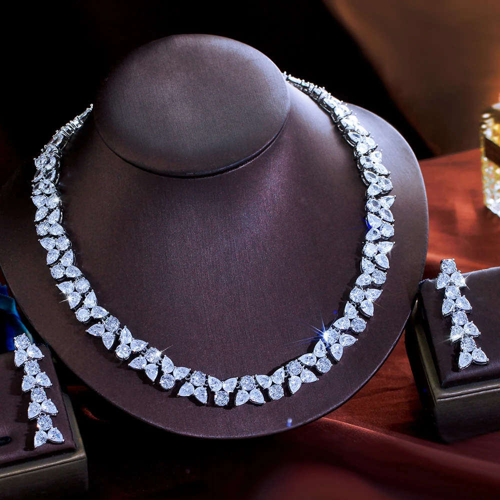 ThreeGraces Elegant Sparkling Cubic Zirconia Stone Necklace and Earrings Bridal Luxury Jewelry Set for Women Wedding Party T1104