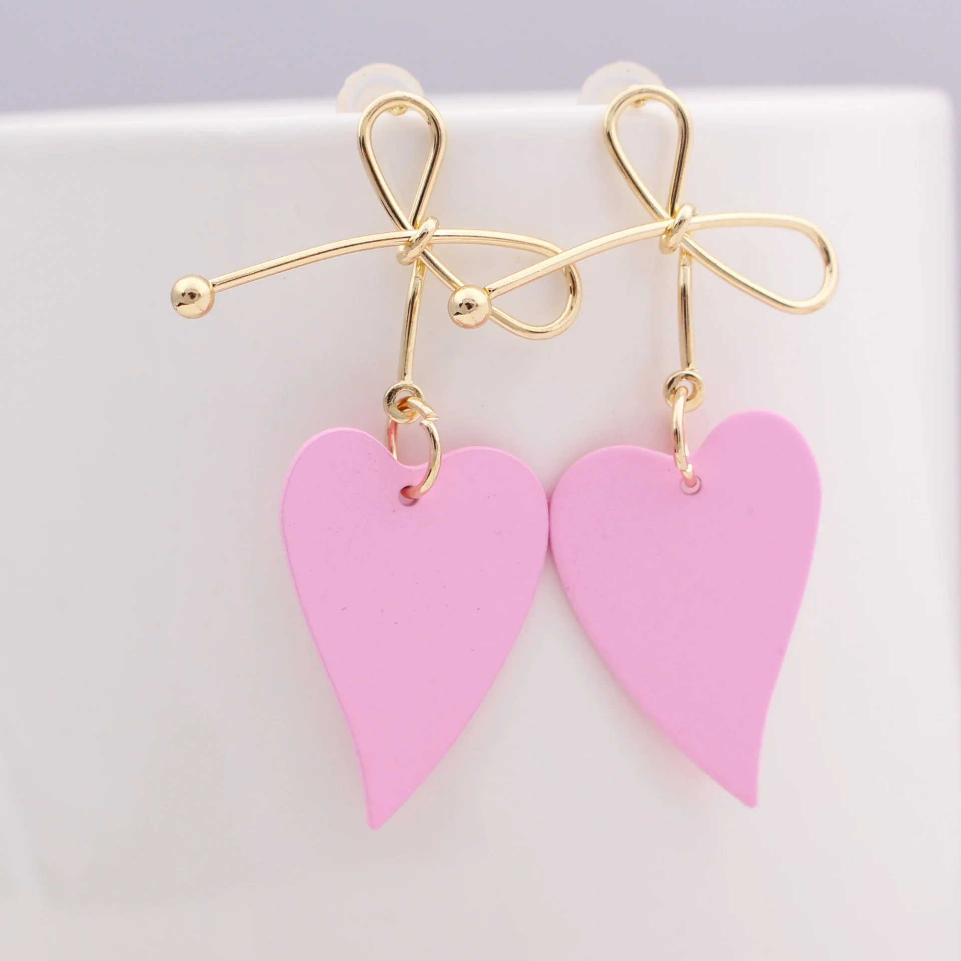 Delysia King Women Cute Heart-shaped Stud Earrings Simplicity Temperament Girl Bow Exquisite Dangler for Birthday Party