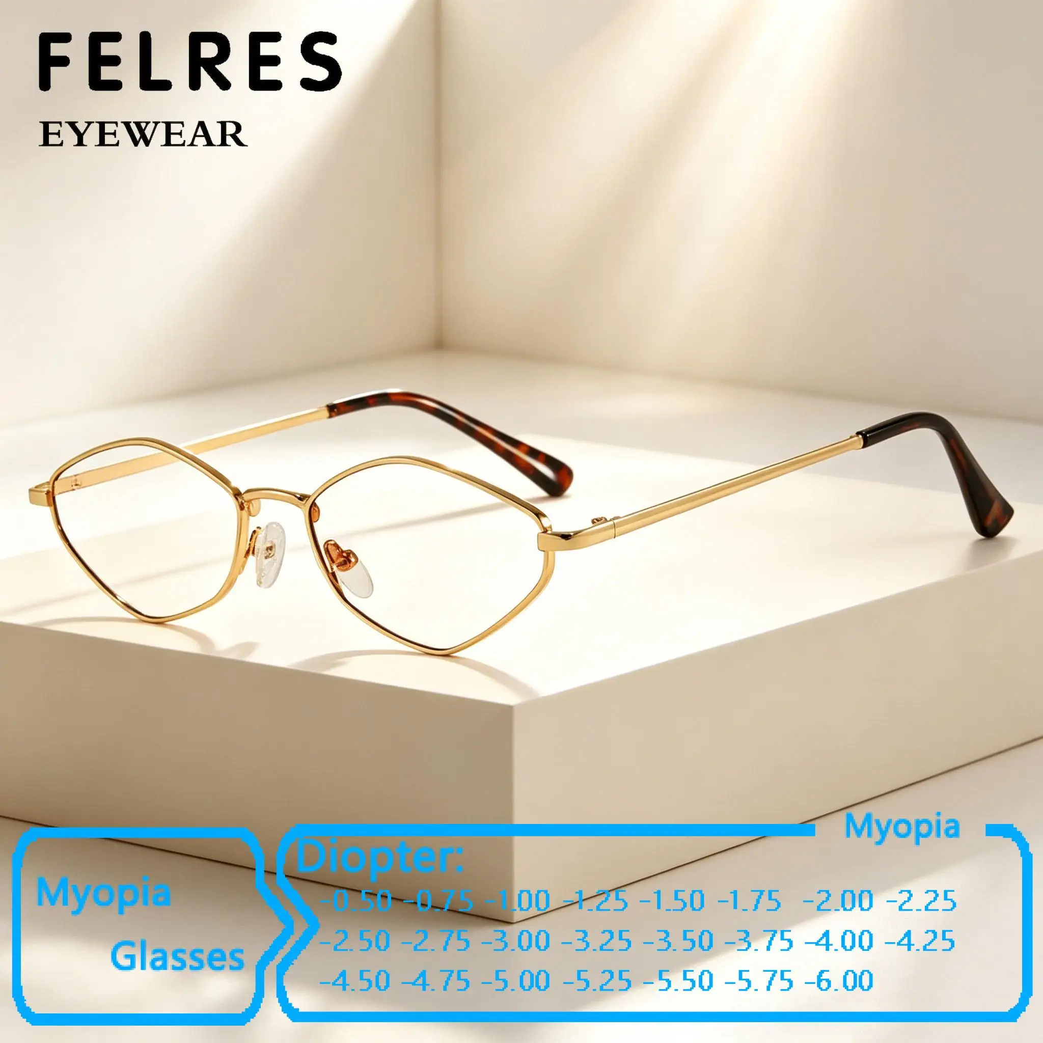 Polygonal Alloy Small Frame Anti Blue Light Myopia Glasses Women Clear Lens Optical Prescription Eyewear Negative Strength