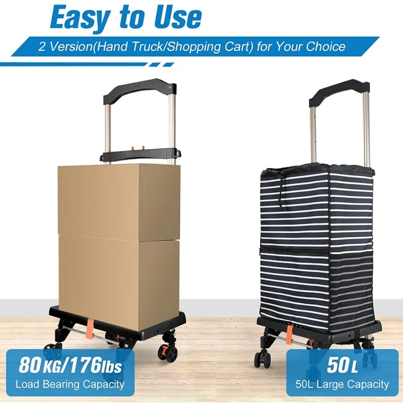 

Folding Utility Shopping Cart Portable Hand Truck Lightweight Trolley with Removable Waterproof Bag 70Kg/155Lbs Adjustable Handl