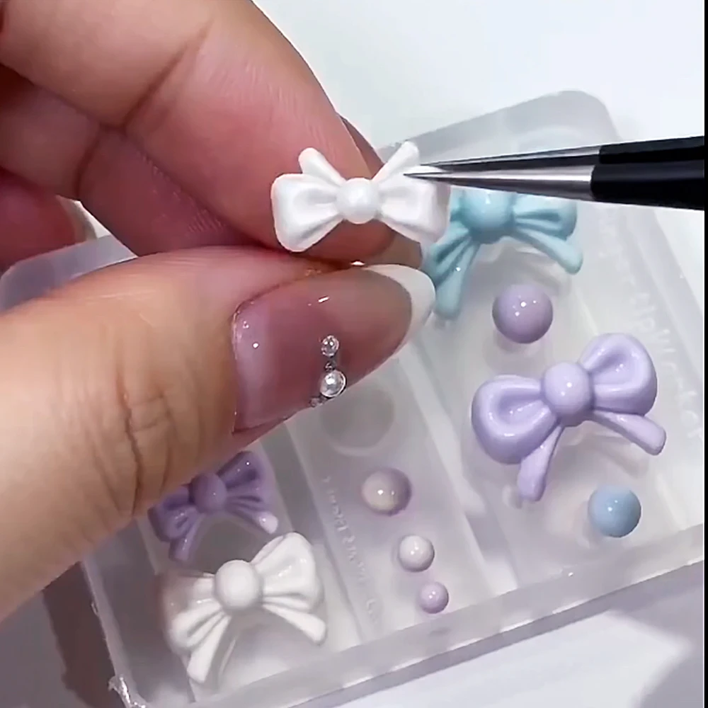 3D Cute Bow Silicone Nail Art Carving Mold Acrylic Pearl Bowknot DIY Nail Template Stencils Reusable Bowtie Nails Stamping Plate