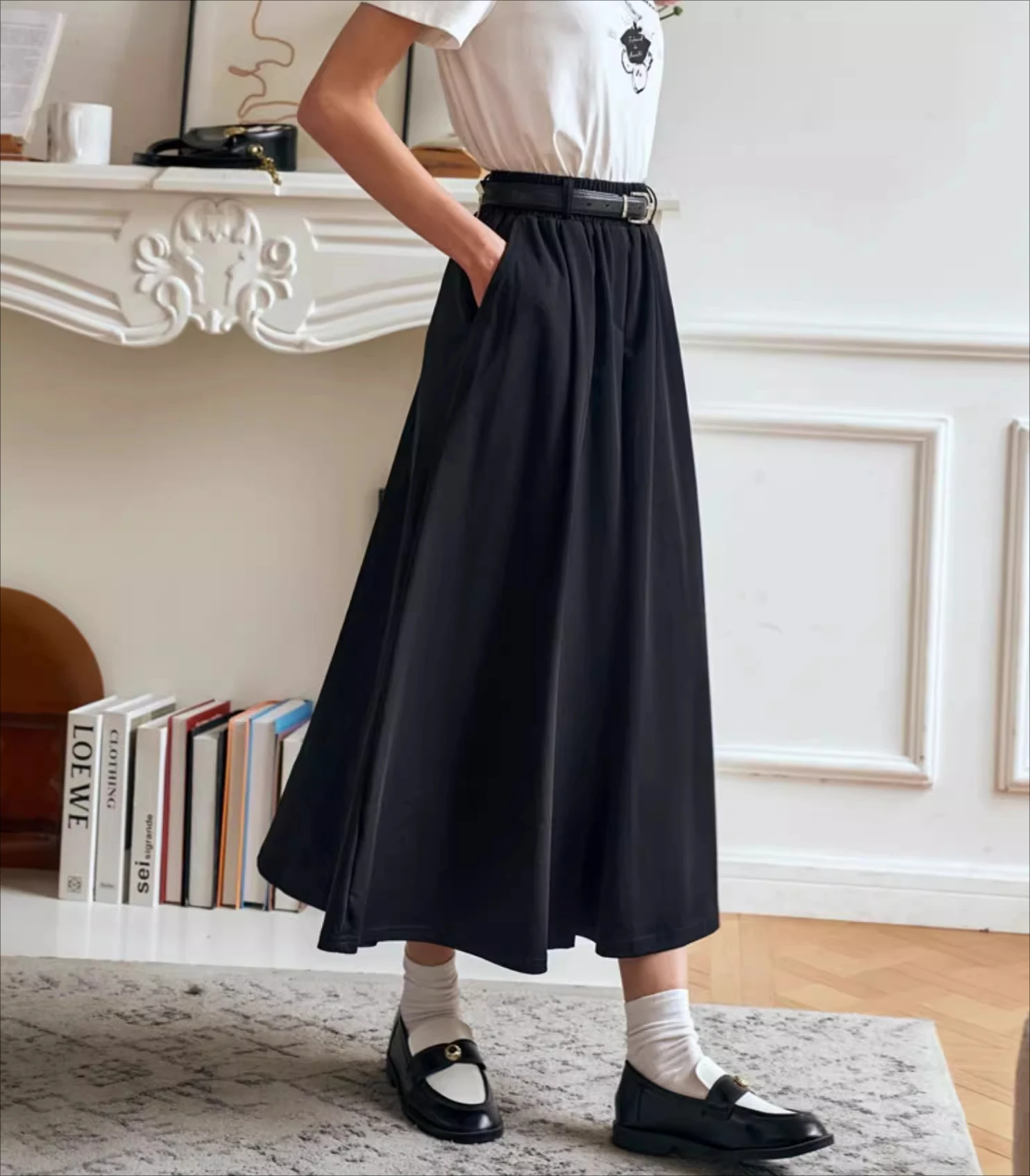 

OLrain A-lin Black Women's Skirts 2025 Spring Summer Female Midi Folds Elastice Waist Casual Cozy Office Wear Skirt O24XB68310