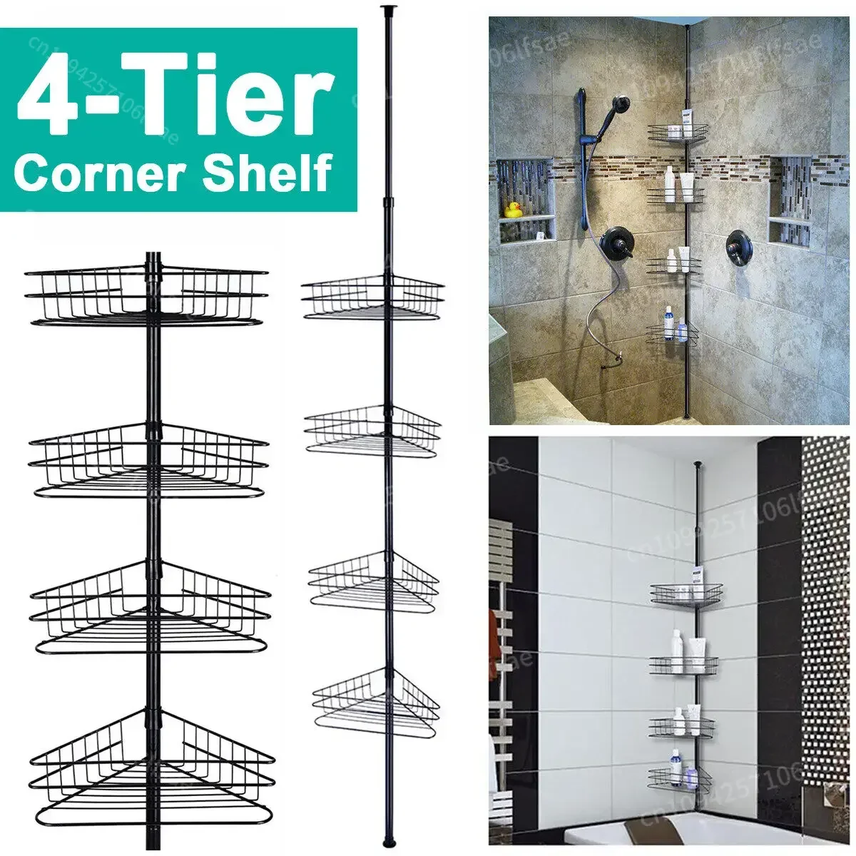 

4 Tier Adjustable Black Metal Telescopic Corner Shelf Storage Bath Shower Wall Bathroom Easy Assembly