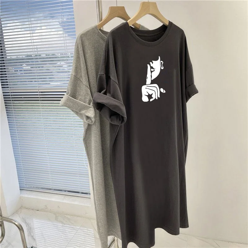 Summer Women Clothing Casual Loose Basic Dresses, Cartoon Printed Overknee Tunic, Vintage Short Sleeve Straight Dress