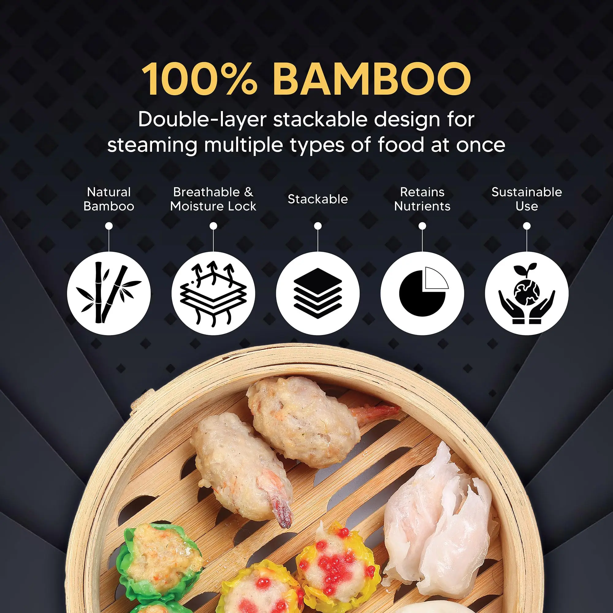 10-Inch Bamboo Food Steamer with Lid - 100% Natural Bamboo - Basket Steamers for Cooking Dumplings Dim Sum Veggies Fish Meat