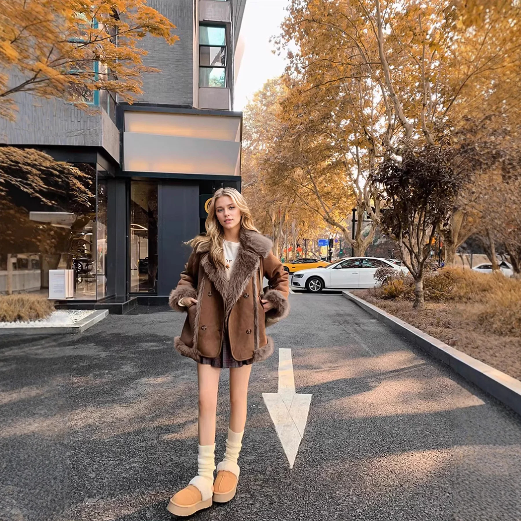 ブラウンの襟付きフェイクファーのジャケット、レザーとファーのゆったりとしたプラッシュコート、スタイリッシュなボタン付きレディースファーリージャケット、冬用暖かいふわふわのアウターウェア