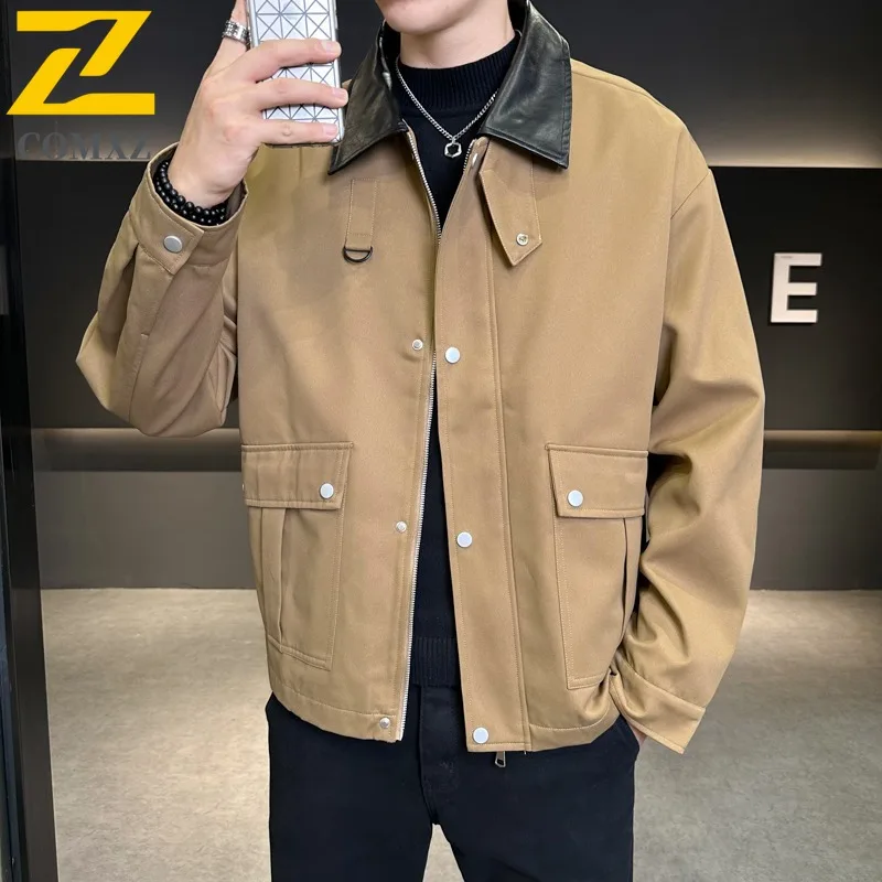 

COMXZ Mens 2025 Large Size Fall Pure Color Turn down Collar Loose Fit Casual Jacket for Outdoor Outfit lightweight windbreaker
