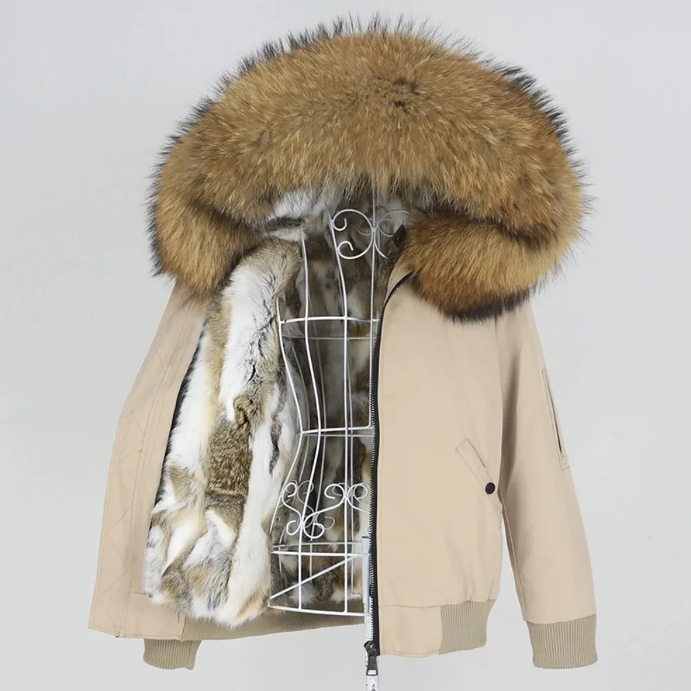 Vrouwen Reality Bontjas Waterdichte Bomber Parka Winter Konijnenbontjas 2025, Natuurlijke Vos Wasbeer Bontkraag Kap Afneembaar Nieuw