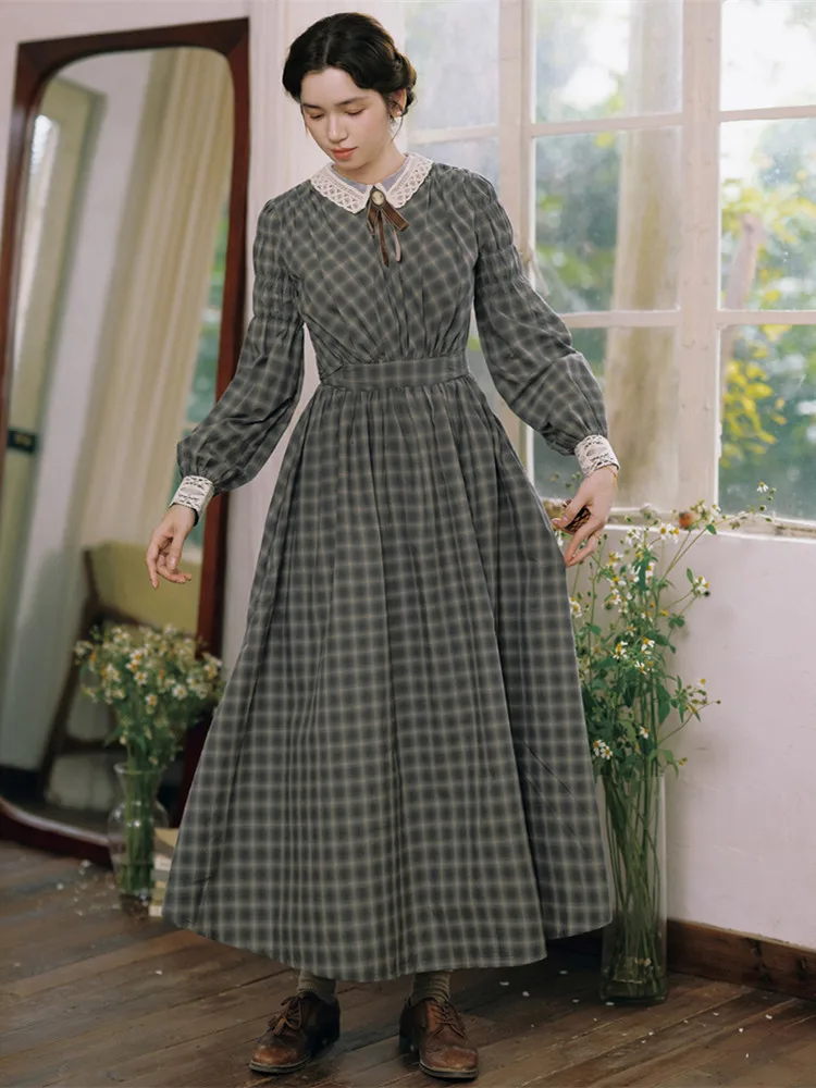 Sukienka maxi damska 86-98 cm obwód biustu, wiosna-jesień-zima, oryginalny projekt, brytyjski styl retro, artystyczna krata, vintage, elegancka, wyszczuplająca, 100% bawełna.