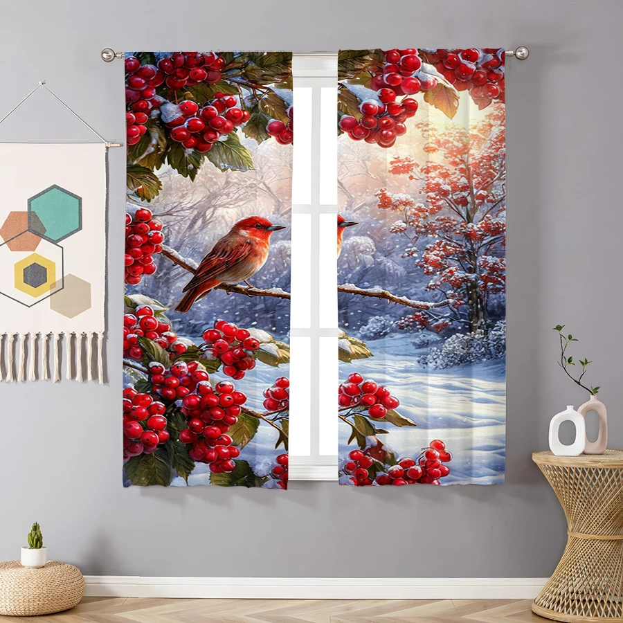 2PCS Christmas Winter Curtains, Red Berry Robin Snow Scene, Digital Print, Bedroom Living Room, Rod Pocket Polyester, Home Decor