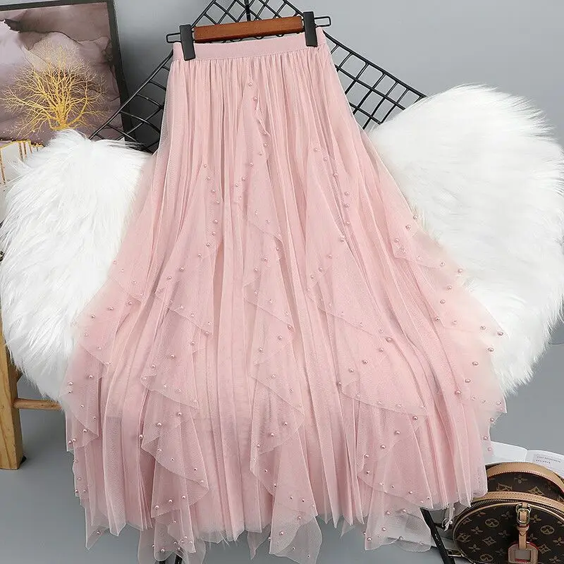 Chamliforve Women Tulle Mesh Skirt Elegant Elastic Waist Fairy Long A-line Tutu Skirt for Spring Summer High Waist Long Skirt