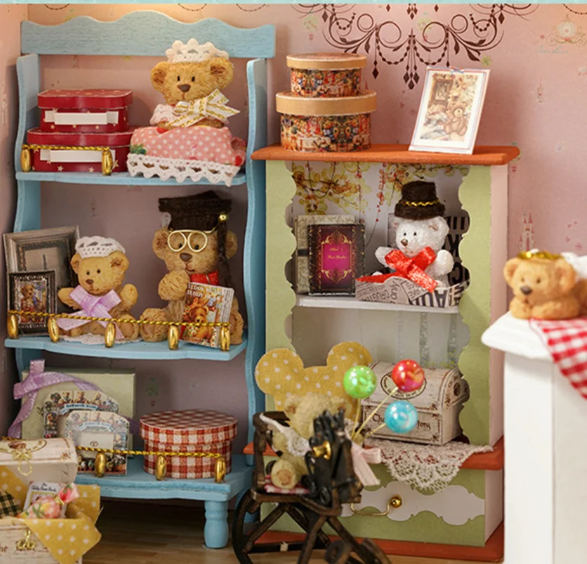 

OUZEY DIY Wooden Doll House The Bear Story Miniature Model Kit with Furniture Roombox for Girls Xmas Gifts