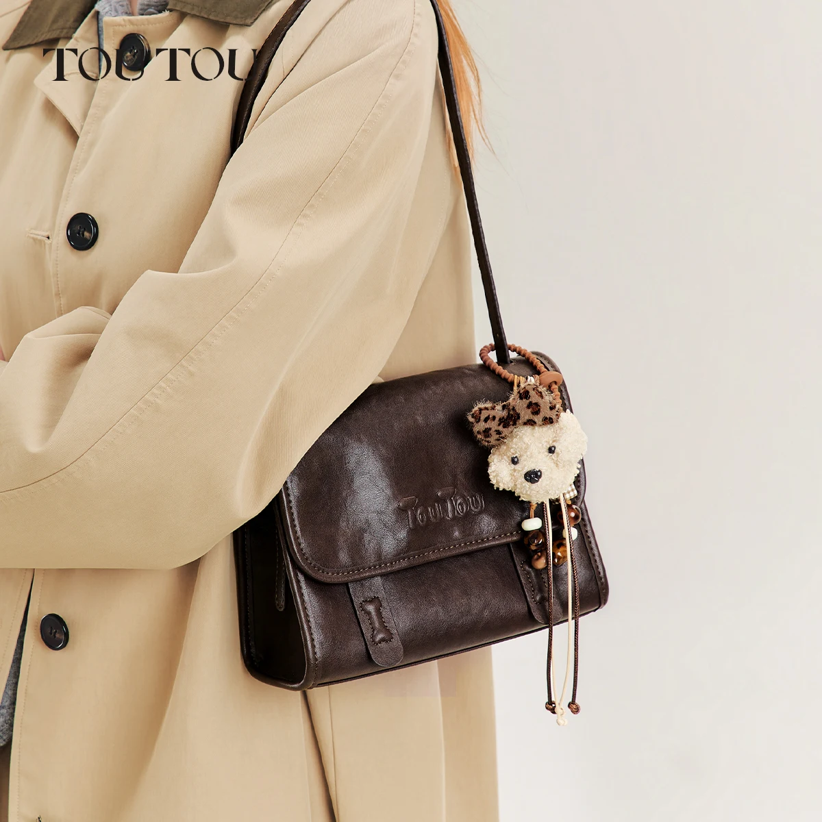 TOUTOU Vintage Oil‑Wax Leather Small Shoulder Bag, Removable 2 Straps Crossbody Bag with Cute Puppy Pendant Retro Women Handbag