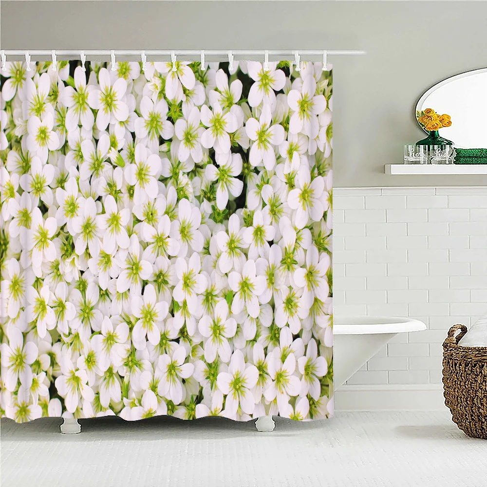 

White Floral Shower Curtain Bath Decoration Floral Plant Bathroom Curtain Waterproof Decoration