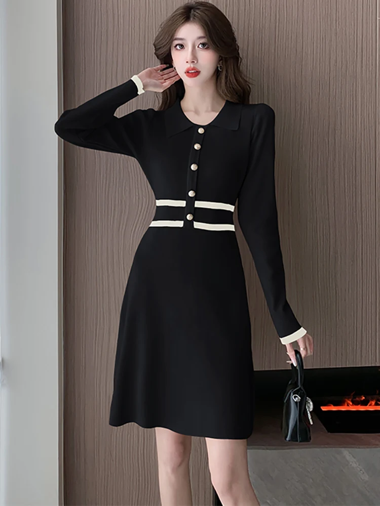 الخريف الشتاء الأبيض محبوك كم طويل بولو طوق ميدي فستان المرأة أنيقة السببية ألف خط فستان 2025 الكورية Bodycon فستان الحفلات