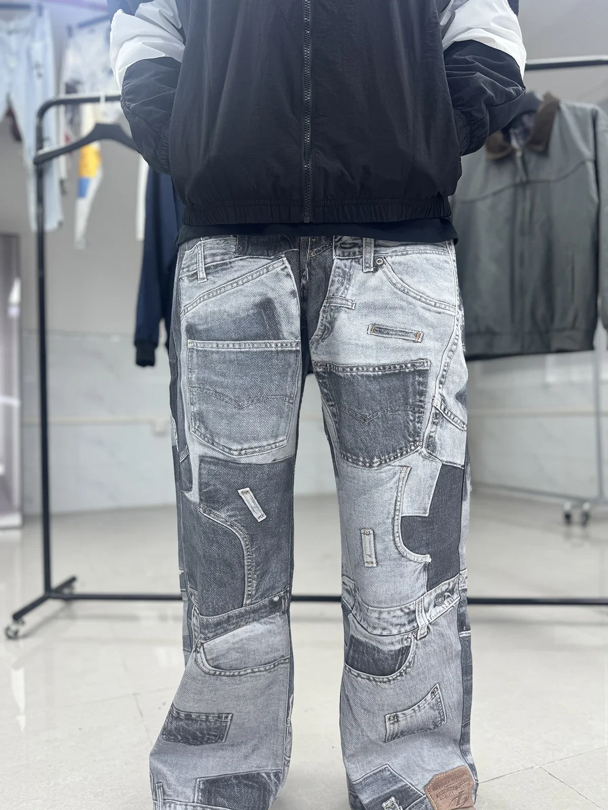 High Street Frayed 3D Digital Print Spray Splashed Dyed Jeans for Men and Women Vintage Wide Leg Baggy Denim Trousers Oversize