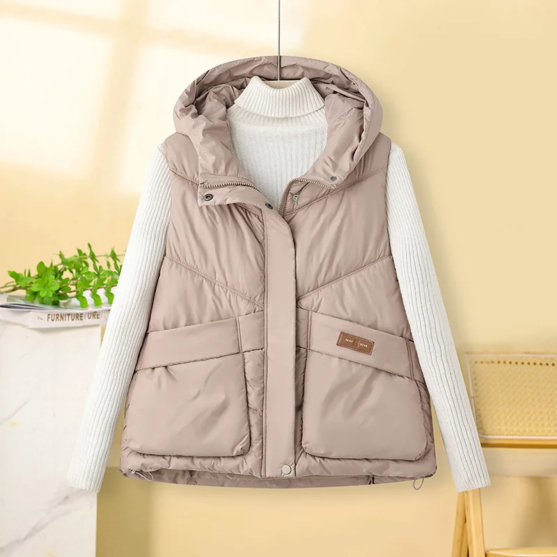 

Women Hooded Parkas Vest Coats Solid Oversize Jacket Sleeveless Drawstring Hem Zip Pocket Loose Thick Elegant Casual Winter 2025