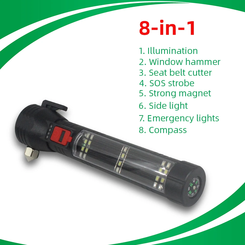 Multifunctionele Magnetische Zaklamp Usb Oplaadbare Veiligheidshamer Noodlicht Ontsnappingsgereedschap Led Zaklamp Camping Draagbare Lamp