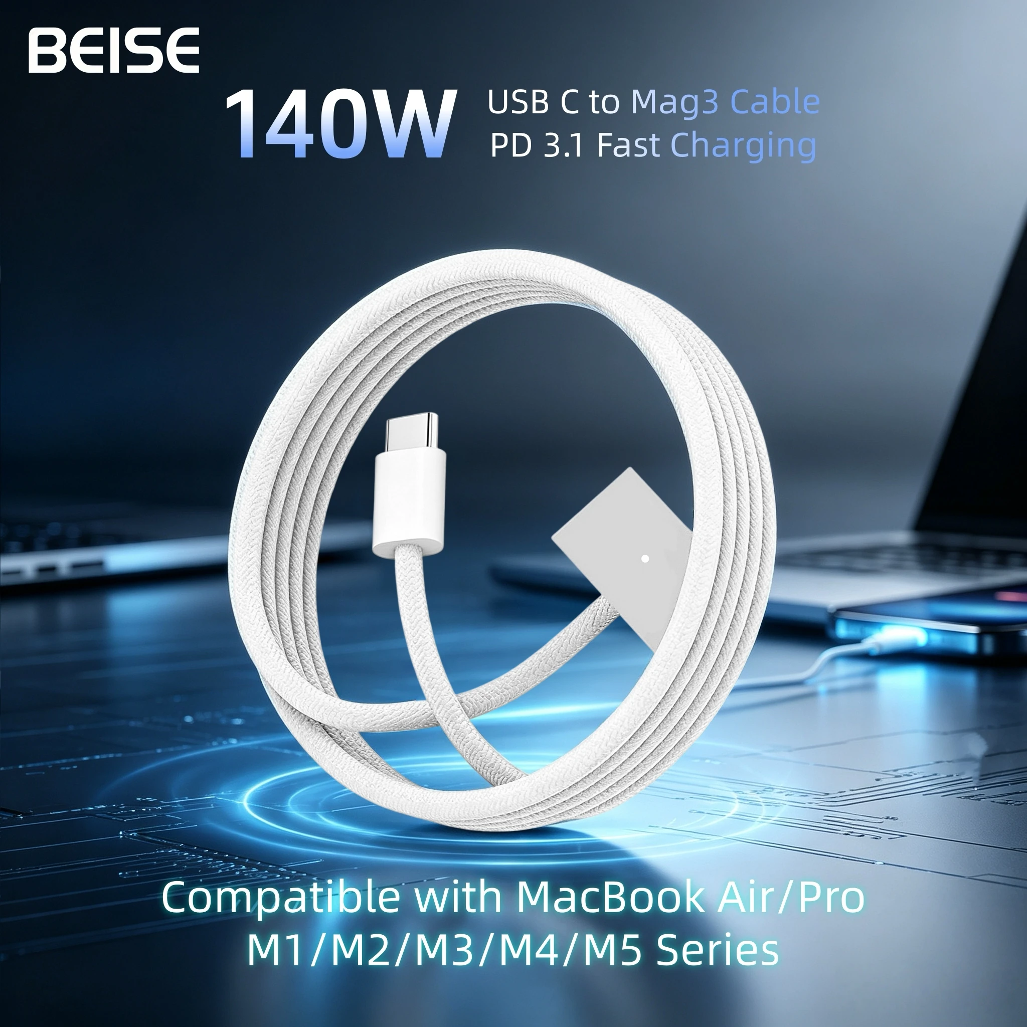 140W USB-C to Magnetic 3 Charging Cable PD Fast Charge Cord Compatible With M1 M2 M3 M4 M5 Series Laptop Replacement Power Line