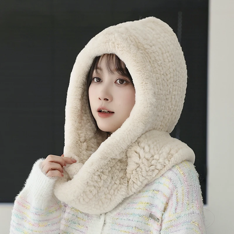 Besfilin Real Rex Rabbit Fur Woven Hat Scarf Integrated for Women,  Keep Warm Ear Protection, Windproof Outdoor, Autumn Winter