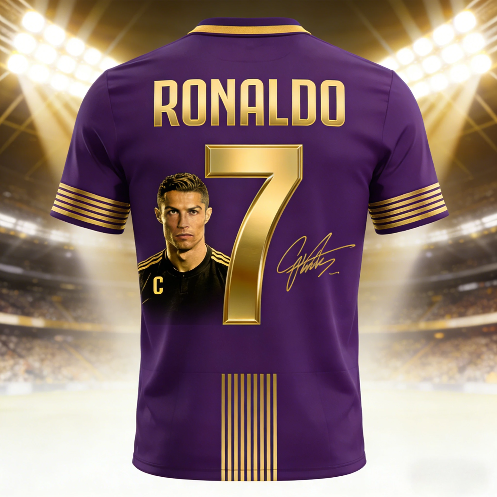 عرض ساخن لعام 2026 رونالدو # 7 جيرسي باللون الأحمر والذهبي - رقم واسم معدني، ملابس جامعي فاخرة ممتازة لمحبي النجمة المميزة