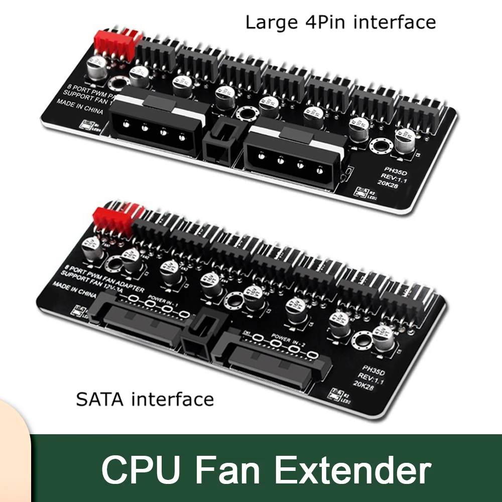 คอมพิวเตอร์เดสก์ท็อปพัดลม CPU PWM Hub 12V 3-pin 4-pin Expander ขนาดใหญ่ 4Pin SATA 15Pin อินเทอร์เฟซ 8-way แชสซีพัดลมควบคุมความเร็ว