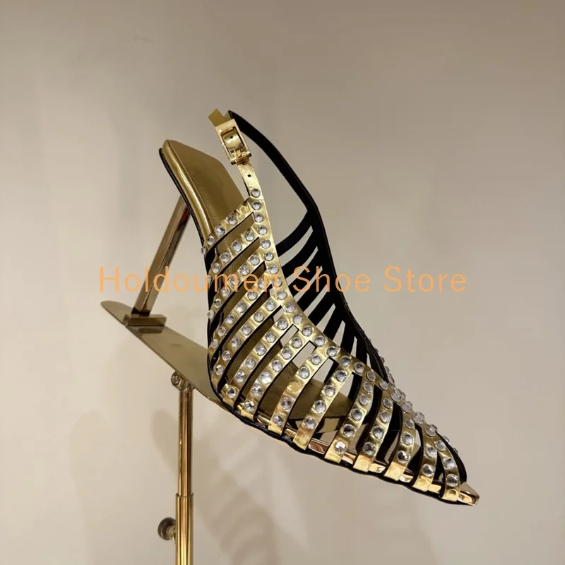 

Glittering Hot-Drilled Narrow Band Tailoring Unique Design Stiletto Sandal Sexy V-Shaped Shallow Mouth Pointed Metal Heel Sandal