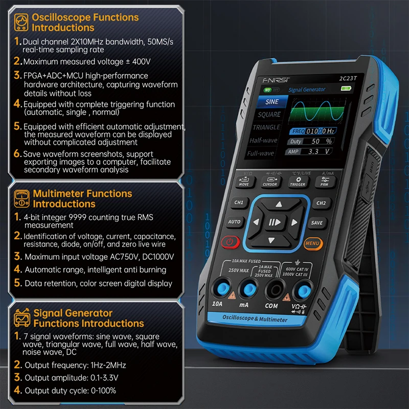 FNIRSI 2C23T 3 in 1 Multimeter Digital Oscilloscope Function Signal Generator 9999counts AC DC Voltage 50MS/s 10MHz Dual Channel