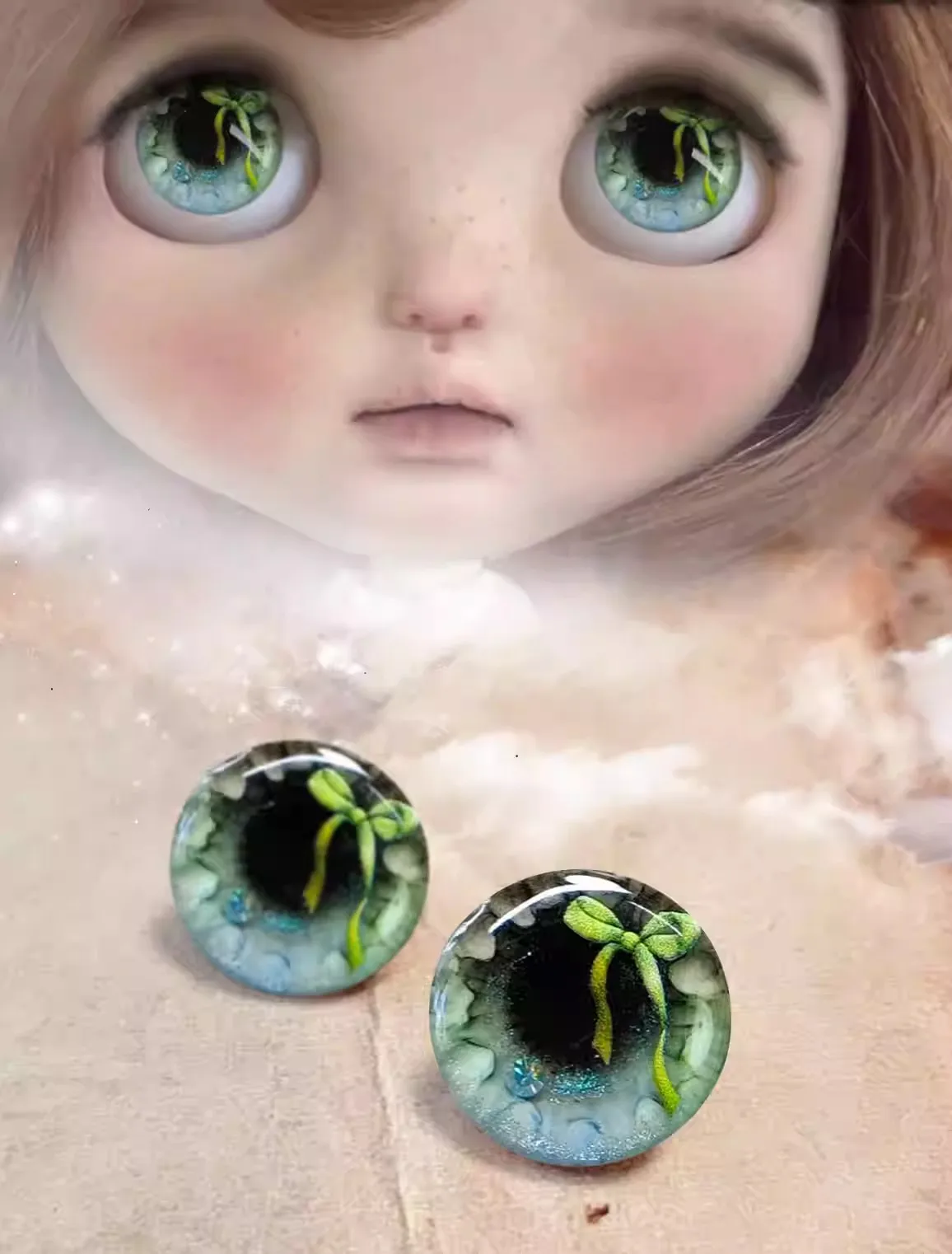 Dula Handmade Three-dimensional glue hand engraving Green ribbon Magnetism Eyepiece Eye Chips Blythe Bjd Doll Accessories