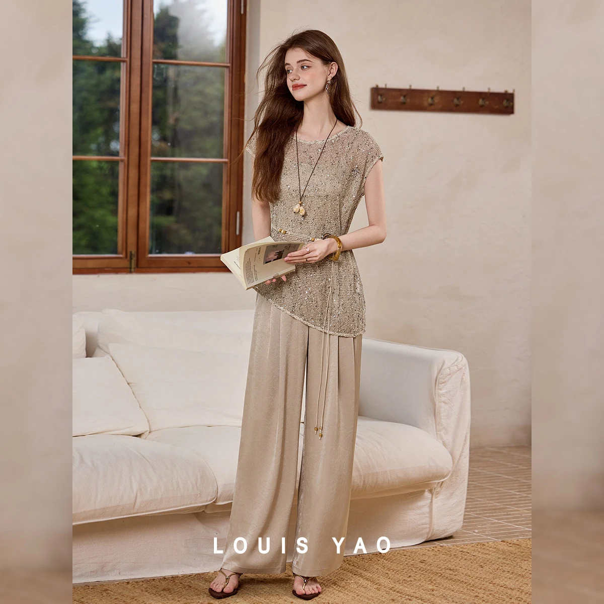 LOUIS YAO Women's 3-Piece Set 2026 Summer Pant Sets French Dark Embossed Cover Hollow-out Sequin Outfit + Vest + Casual Pants