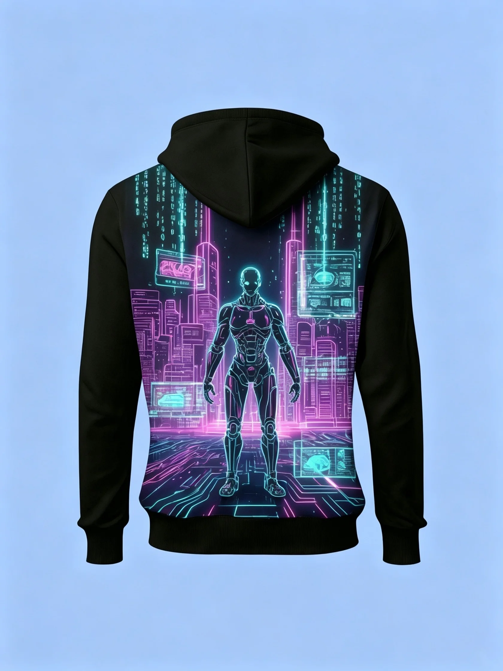 Men's hooded sweatshirt - Cyber Neon Robot Pattern, regular style, with pockets and drawstring, suitable for daily outdoor wear