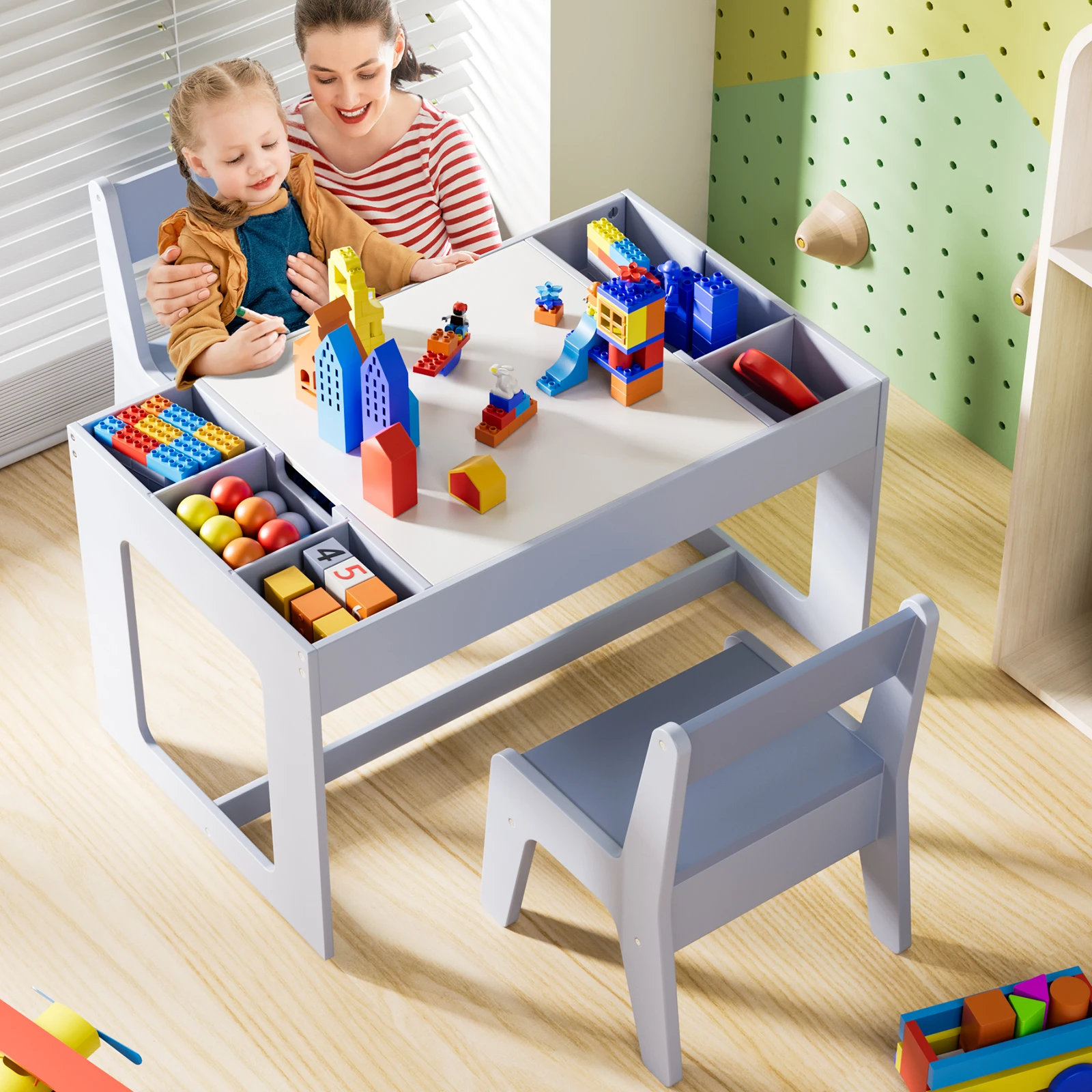 

Wooden Toddler 3 in 1 Kids Table and 2 Chairs Set with Storage, Children Activity Table for Boys and Girls